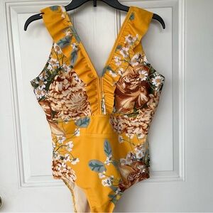 Albion "Dagney" Yellow One Piece Floral V-Neck Swimsuit Size Large